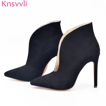 

Knsvvli Black Suede Ankle Boots Women Slip On High Heels Short boots Cut Out Design Spring Blue Shoes Boots for Woman