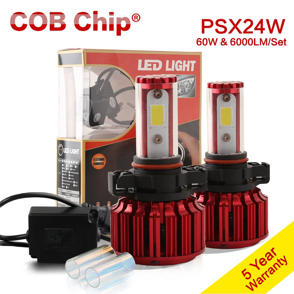 

PSX24W H16 5202 60W 6000LM COB Chip LED Headlight Conversion Kit 2 Colors 5000K Yale Yellow 6000K White Bulbs Lamp Pair