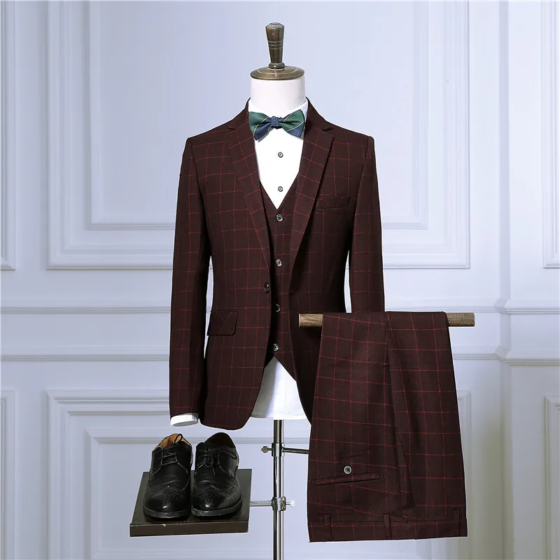 Blazers Pants Vest Sets / 2017 Spring Autumn New Fashion Suits / Men's Casual Business Plaid 3 Piece Suit Jacket Coat Trousers