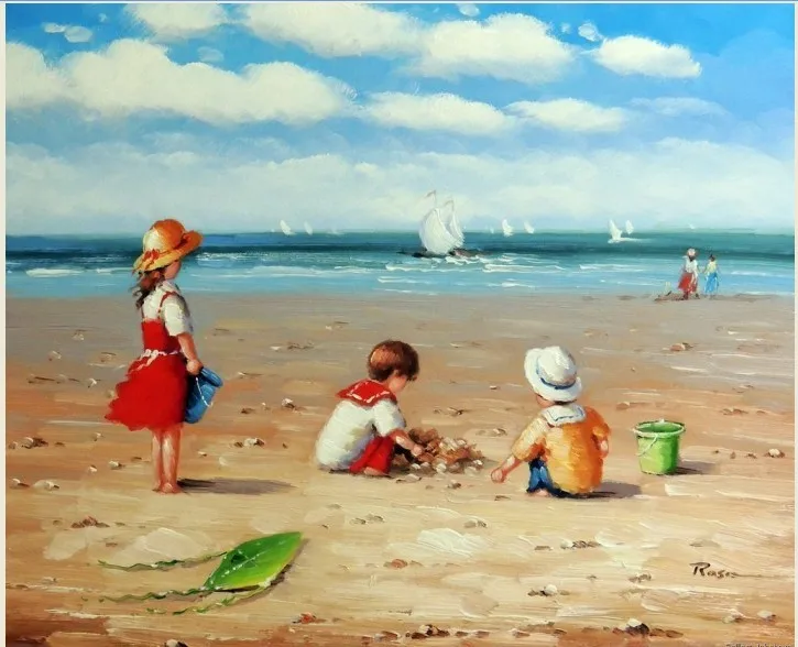 Children Playing Beach Sand 1800's Boats Ocean 50x60