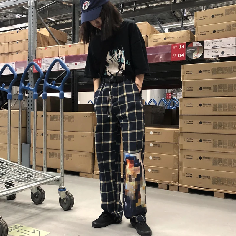 

HOUZHOU Harajuku Plaid Pants Summer Women New Fashion Loose Print Cotton Casual Streetwear Girl Full Length Trousers Vintage