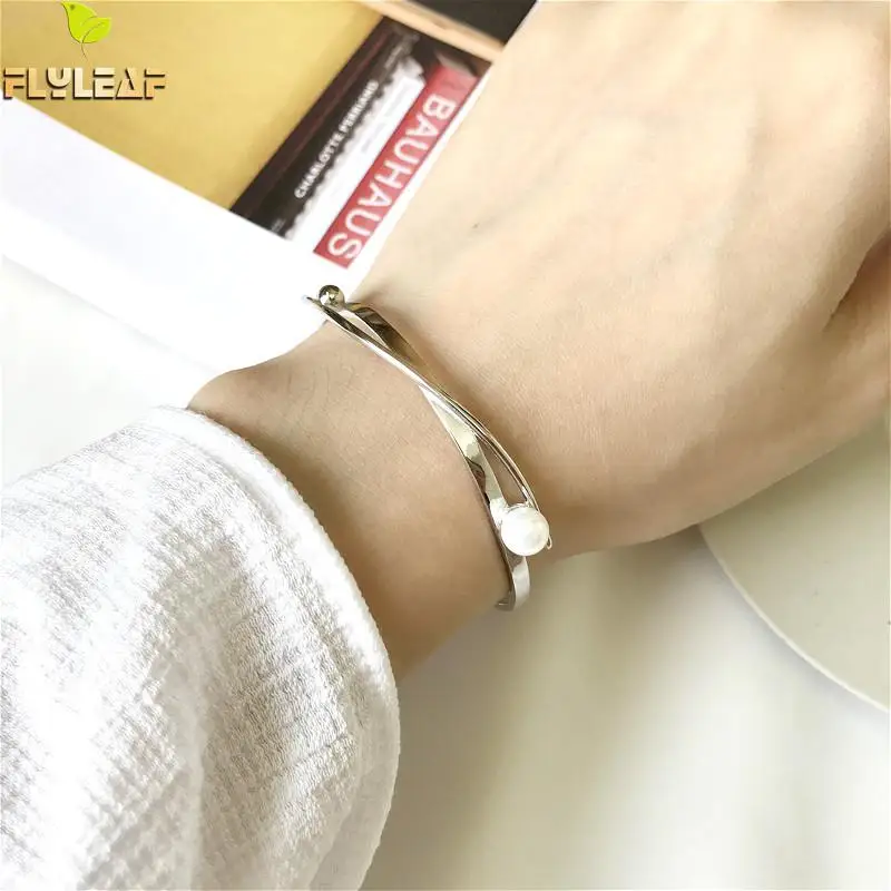

100% 925 Sterling Silver Cuff Bracelets For Women Simple Temperament Pearl Open Bracelets & Bangles Femme High Quality Jewelry