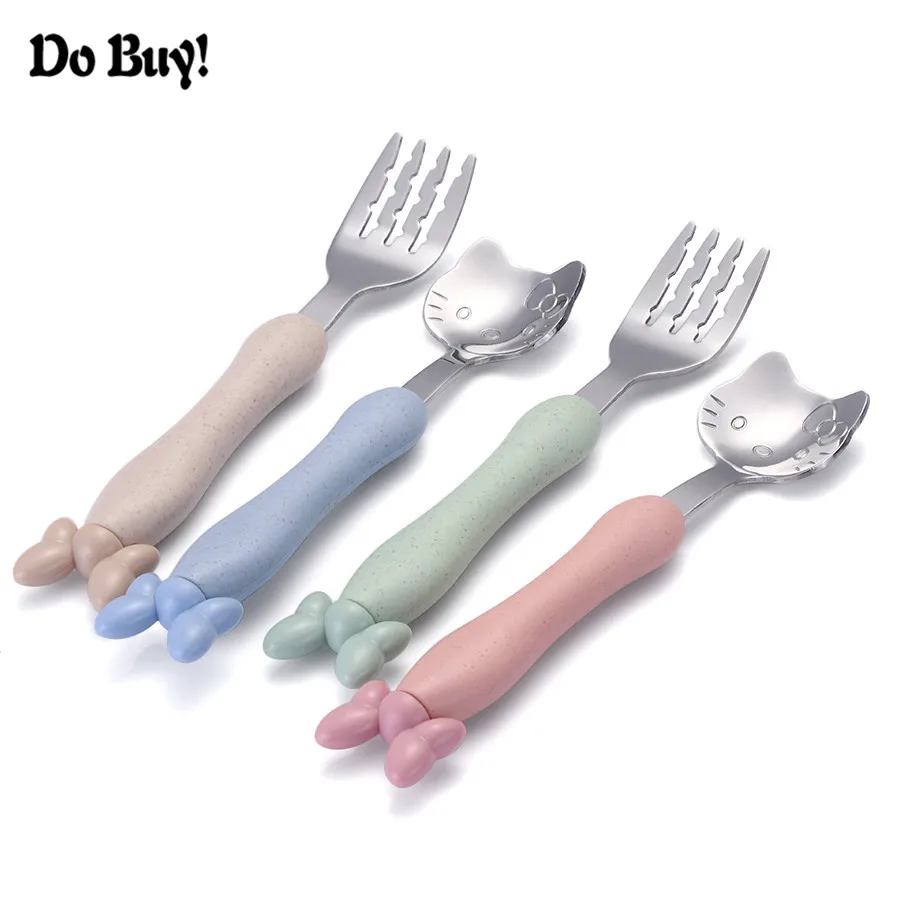 

DO BUY 2 Pcs/Set Baby Kids Tableware Sets Cat Cartoon Mickey Minnie Fork Spoon Dinnerware Children Portable Cutlery Set