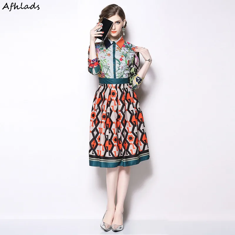 

Luxury brand 2018 autumn and winter new women's fashion print turn-down collar long-sleeved waist Single-breasted midi dress