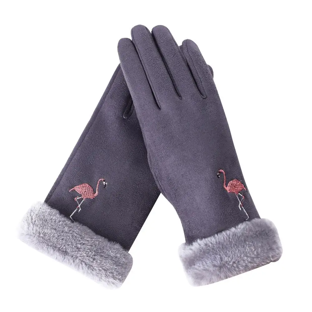 1 пара Для женщин зимние уличные Фламинго узор элегантной вышивкой Feminino Открытый Сенсорный экран теплые перчатки рождественские подарки