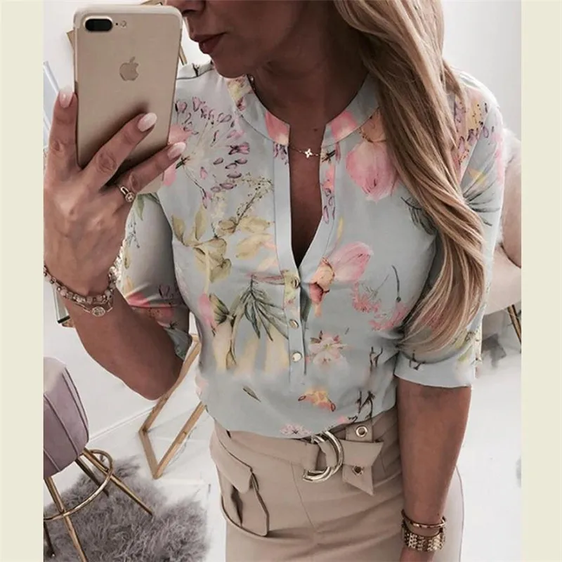 

2019 Spring Women Elegant Casual Button Blouse Floral Print Button Design Three Quarter Sleeve Shirt Basic Tops Blouses Shirts