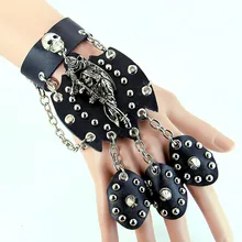 Hot Triple Finger Bracelet DJ Non-mainstream Skeleton Punk Rock Leather Chain Cuff Exaggerated Bracelets Bangles For Men 2015