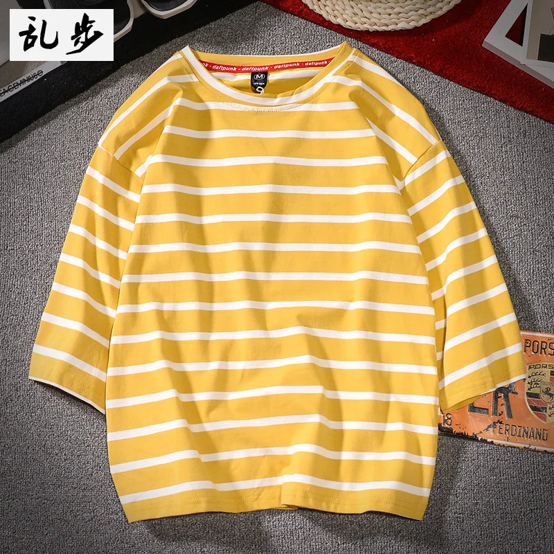 

OBL621 Bf port wind contrast color striped five-point sleeve T-shirt short-sleeved men loose ulzzang seven-point sleeve chic
