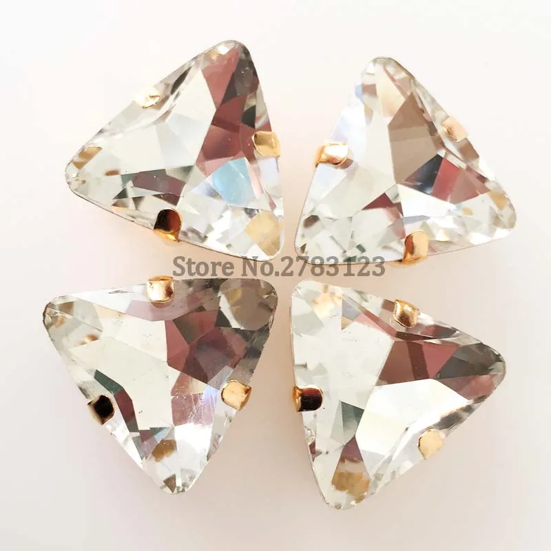 

Free shipping Gold bottom Triangle white high quality glass sew on rhinestones,diy Clothing accessories 20pcs/bag SWSJ001