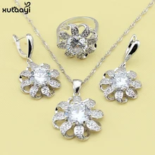 XUTAAYI 3 UNIDS Top Flores de Plata 925 Sistemas de La Joyería Para las mujeres Creado Topacio Blanco Boda Perfecta Collar/Anillos/pendientes Conjuntos