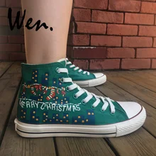 Вэнь дизайн зеленый ручная роспись парусиновая обувь Рождество Санта Клаус женские мужские высокие холщовые Спортивная