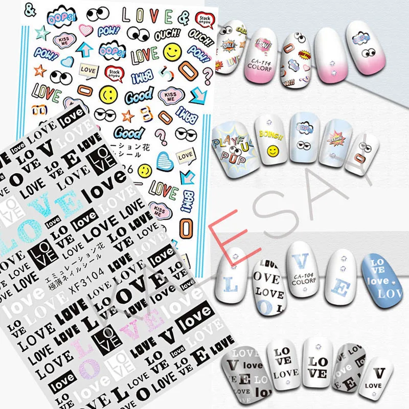 3D LOVE Nail Sticker for Nails Decoration Back Glue Smiling Face Label Decals Manicure Design Nail Art Stickers Big Eyes Letter