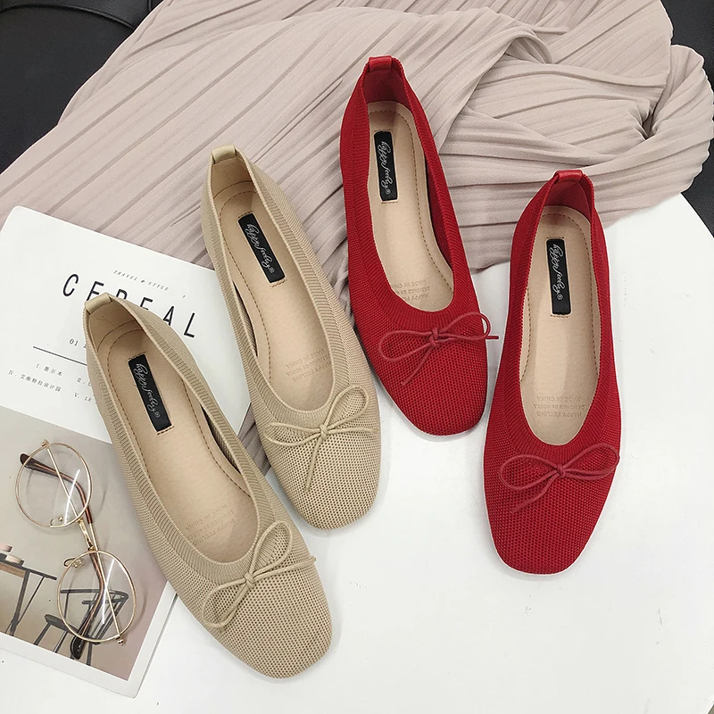 

Casual PU 2019 Square Toe Rubber Fabric flat fashion Lace-Up Slip-On Butterfly-knot Ballet Flats Shallow spring ballet leather