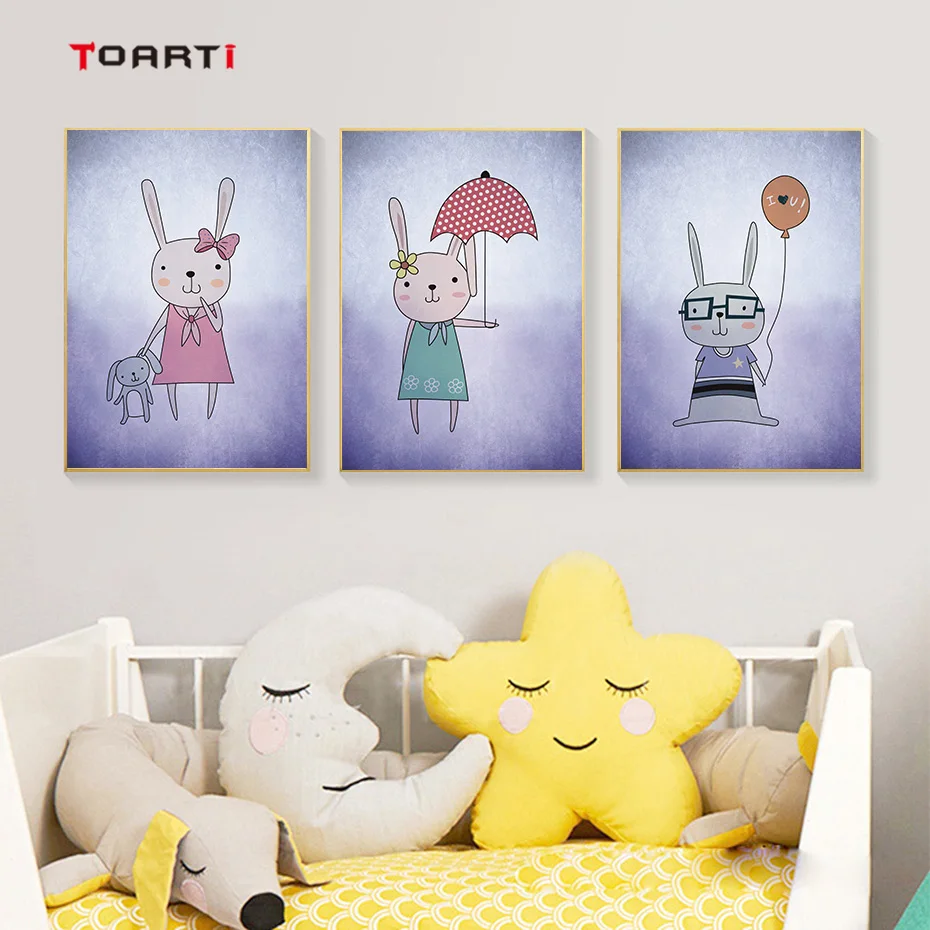 Amiable Rabbit Colorful Cartoon Wall Art Purple Canvas Painting Vintage Posters&Prints Nursery Picture Kids Room Home Decoration (4)