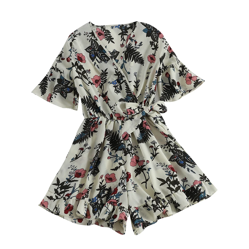 

Women Jumpsuit Summer Sexy V Neck Short Sleeve Beach Chiffon Romper Short Playsuit Bow Drawstring Casual Female Romper