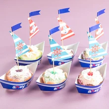 Pack of 20 Nautical Sailboat Birthday Party Cake Topper Ahoy Cupcake Wrapper Baby Shower Boy Birthday
