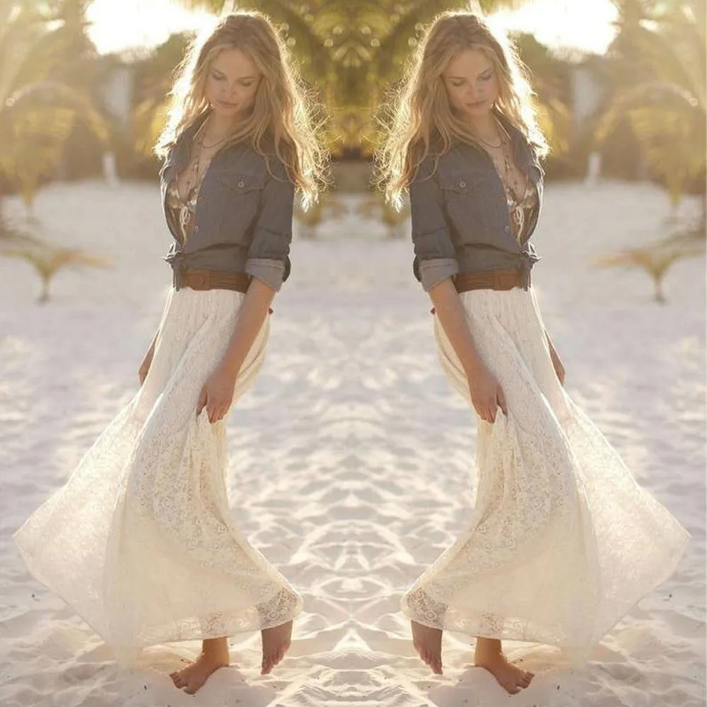 

Women Lace Double Layer Pleated Long Maxi Skirt Elastic Waist Skirt #1