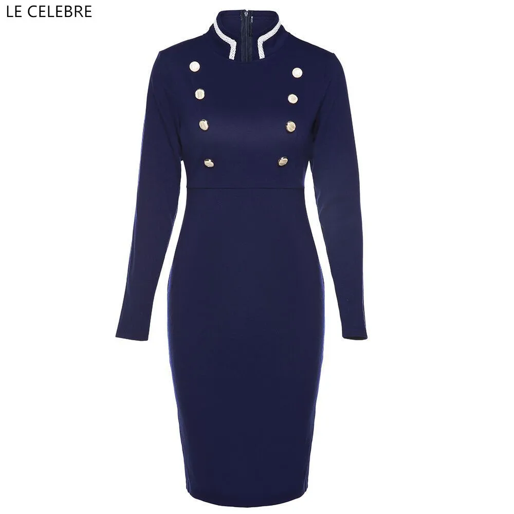 LE CELEBRE Long Sleeves Cotton Office Lady Dress 2018 Spring Stand Neck