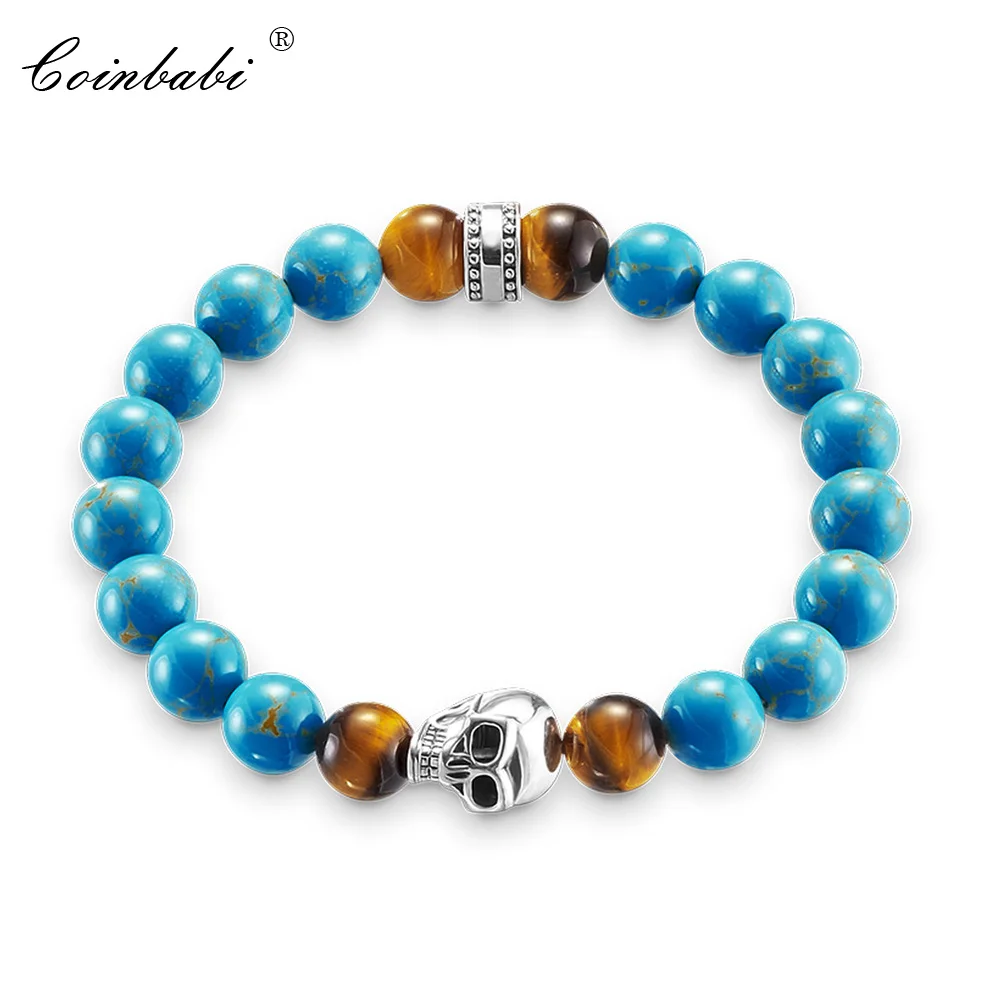 

Fashion Accessories Jewelry Lava Stone Blue Bead Skull Skeleton 925 Silver Charm Stretch Ts Bracelet Gift For Men Women