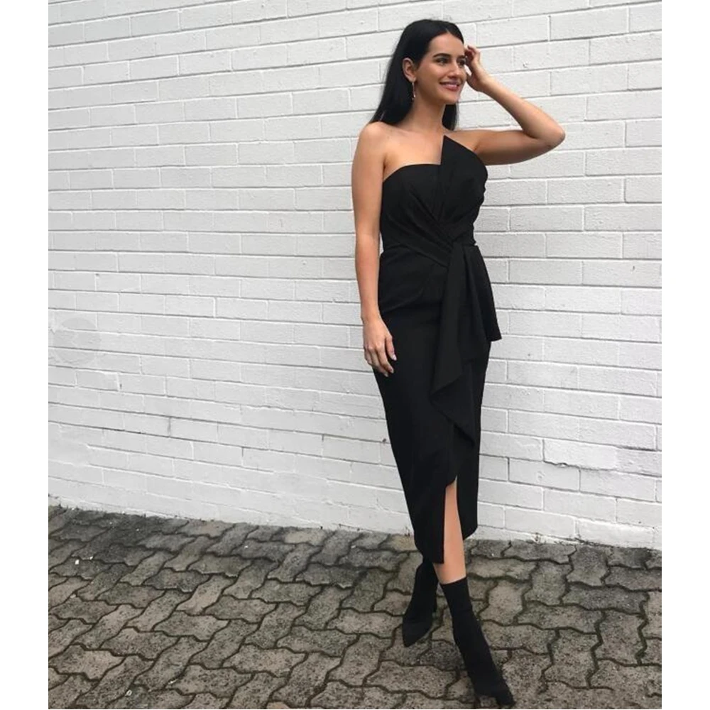 Strapless Satin Sheath Bridesmaid Dress: Custom-Made Tea Length Wedding Guest Attire for Women in Elegant Black Pleat Design image 2