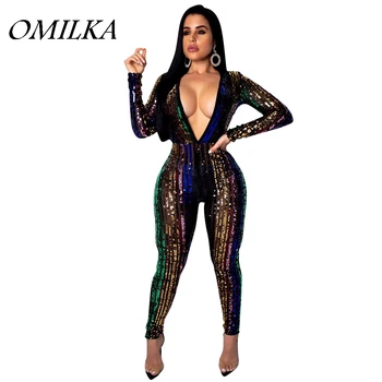 

OMILKA Sequin Striped Printed Rompers and Jumpsuits 2019 Autumn Winter Women Long Sleeve Deep V Neck Bodycon Club Party Overalls