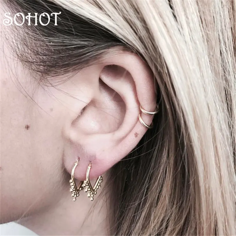 

SOHOT 2019 New Trendy Piercing Delicate Set Hoop Earrings Minimalist Style Double Round Square Gold Color Charming Women Brincos