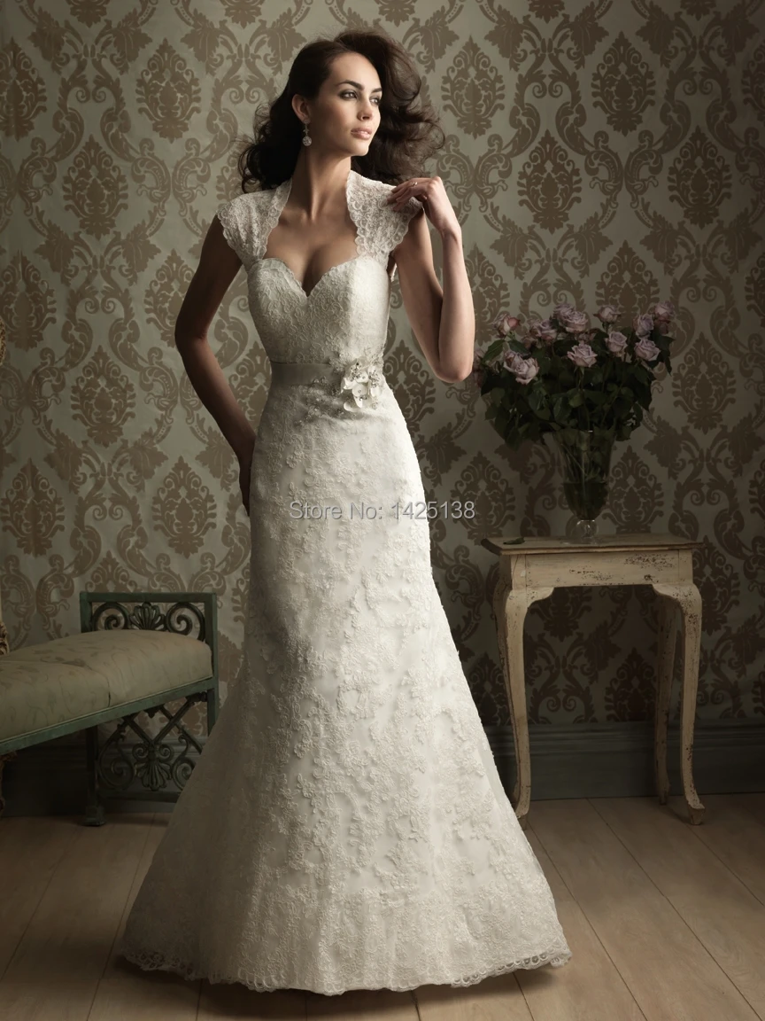 New Arrival Mermaid Sweetheart All over Lace Cap Sleeves Flowers Sashes Floor Length Wedding Dress Covered With Buttons|cover business|dress up