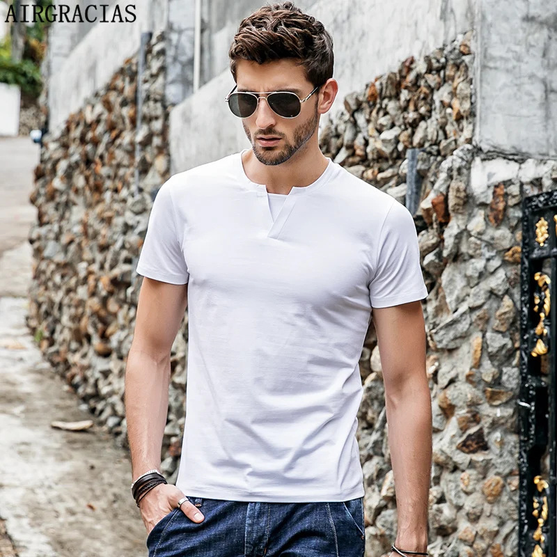 

AIRGRACIAS 2018 Men's tshirt Men Brand T Shirt V-Neck T Shirts Summer Casual Solid Color Short Sleeve Slim Fit Cotton Tops Shirt