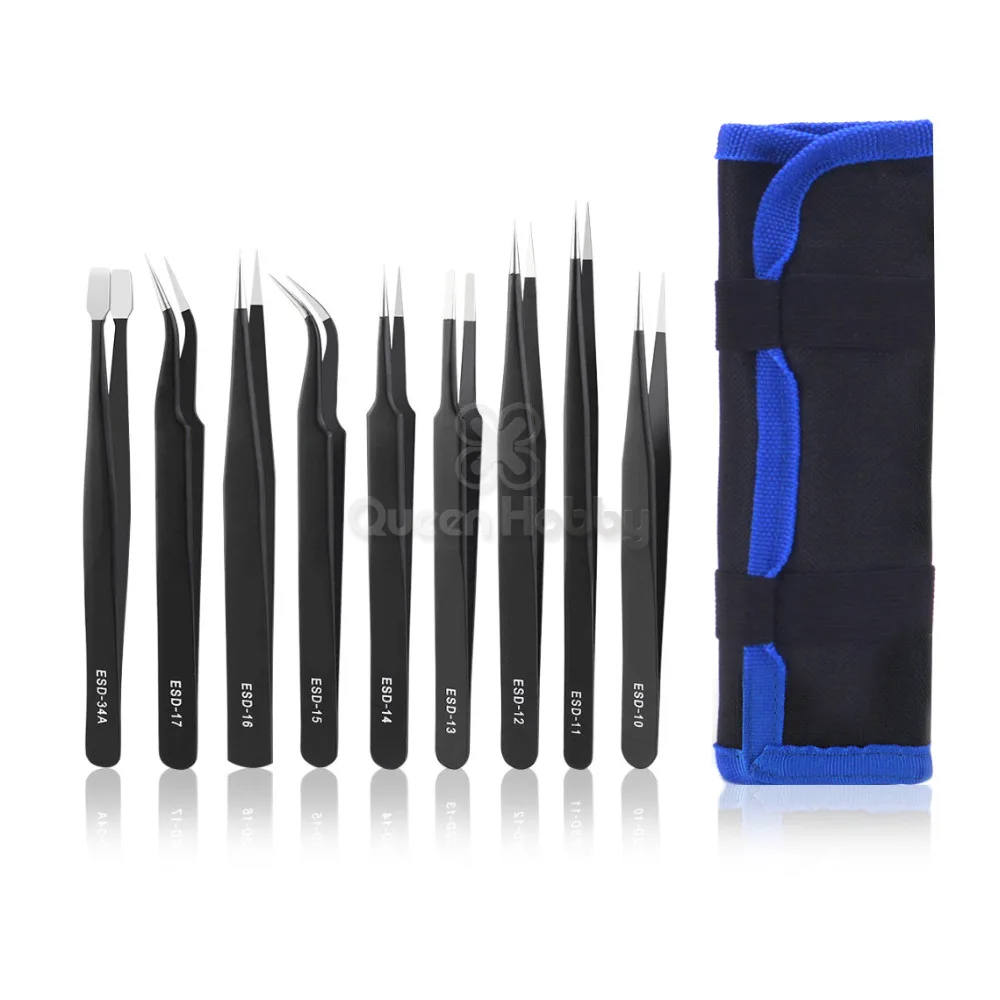 9PCS/PACK ESD Tweezers Set Stainless Steel Anti-static Precision Tweezers for Electronic PCB Board Repair Tools Kit non-slip