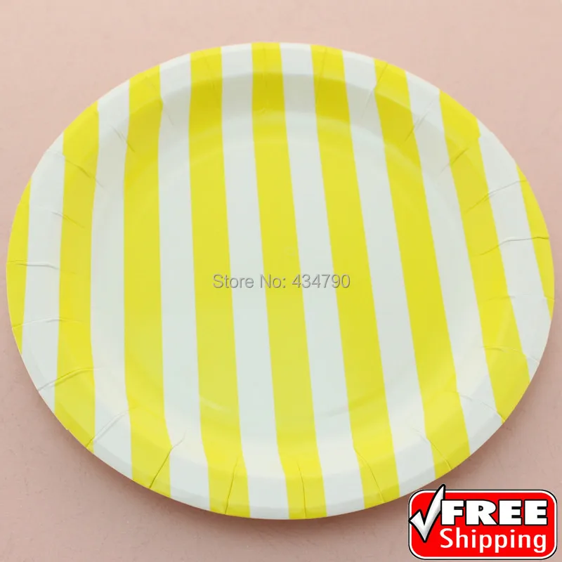 60pcs 9" Yellow Striped Round Cheap Paper Plates,Thanksgiving Party