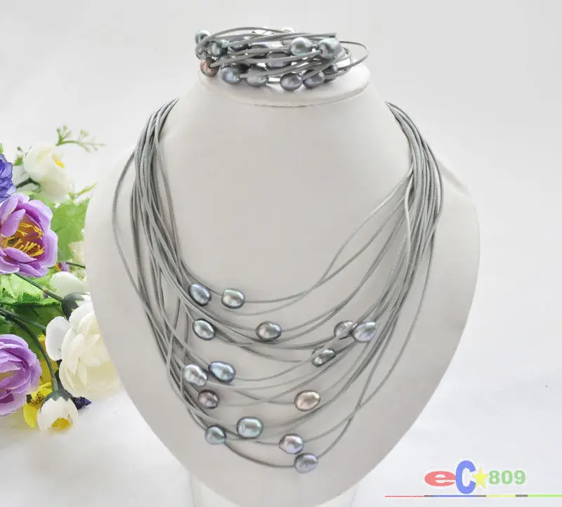 

hot sell new - wholesale 15row 13mm black rice pearl gray leather necklace & bracelet