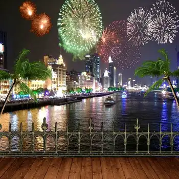 

Night City Skyline Palm Tree River Fireworks Vinyl cloth High quality Computer print wall backdrops