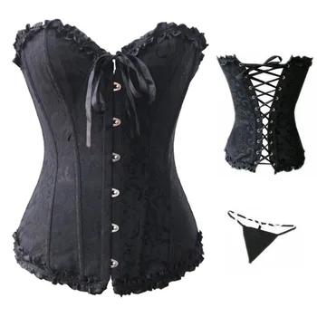 

New Sexy Lingerie Steel Bustiers Black Satin Embroidered Lace Up Latex Waist Corset Overbust Corsets+Thong PLUS SIZE