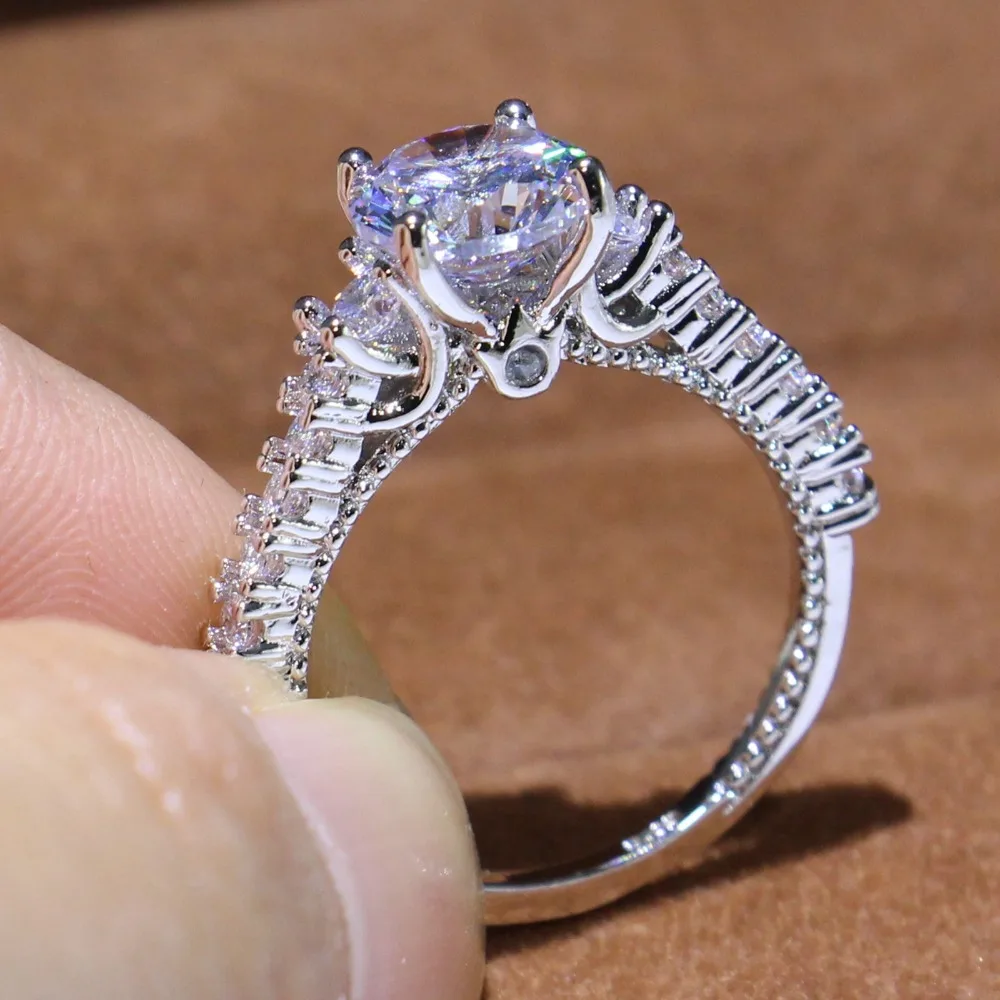 

Size 6-10 Luxury Jewelry 925 Sterling Silver Three Stone White Clear 5A Cubic Zirconia Eternity Women Wedding Finger Ring Gift