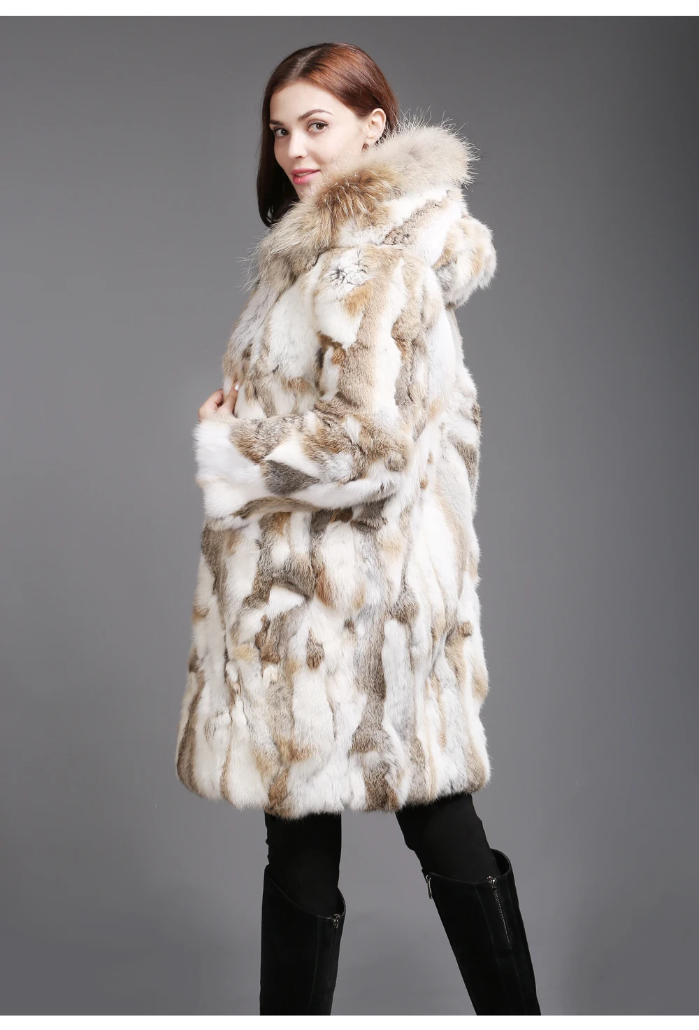 Женское зимнее пальто из меха кролика, натуральный мех кролика, куртка с капюшоном с воротником из натурального меха енота, пальто из натурального кроличьего меха