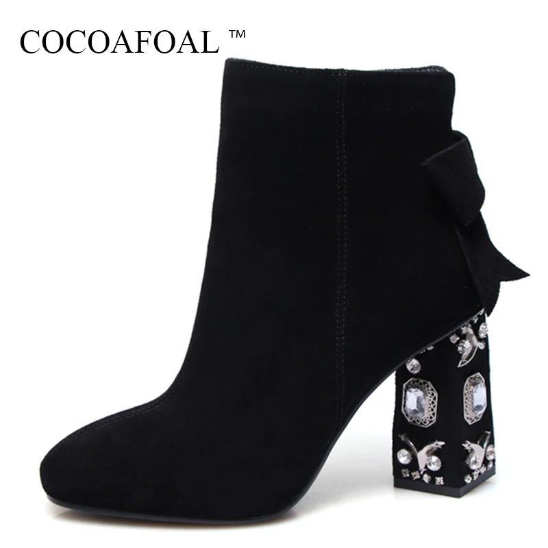 

COCOAFOAL Woman Genuine Leather Ankle Boots Winter Black Butterfly Knot Chelsea Boots Plus Size 41 43 Crystal Martin Boots 2018