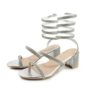 

2019 summer women's sandals fashion design shiny decorative open toe shoes 6 CM high heel black silver women's sandals