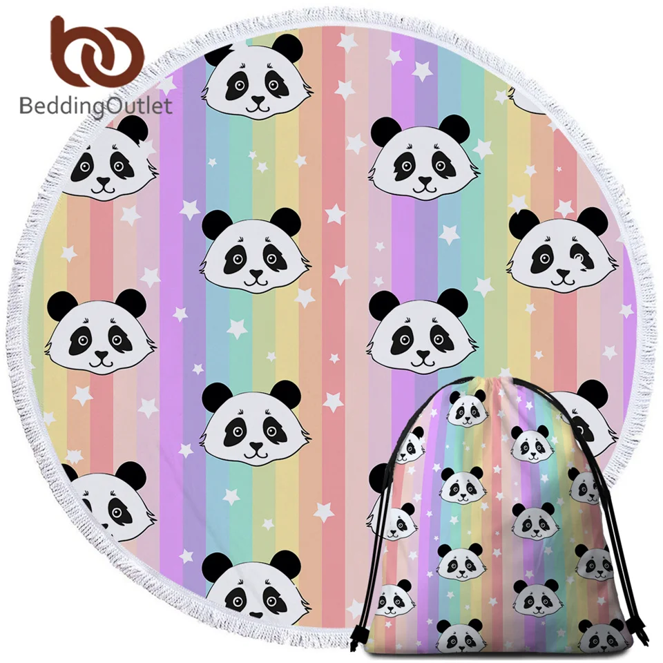 

BeddingOutlet Panda Microfiber Towel Cartoon Rainbow Bath Towels For Adults Animal Kids Teen Round Towel With Drawstring Bag