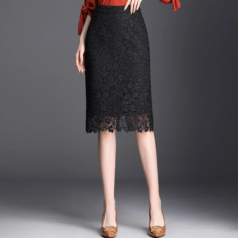 

Spring Summer 2019 Woman High Waist Lace Pencil Skirt Korean Style Black Slim Fit Bodycon Midi Skirt Elegant Office Lady Skirt