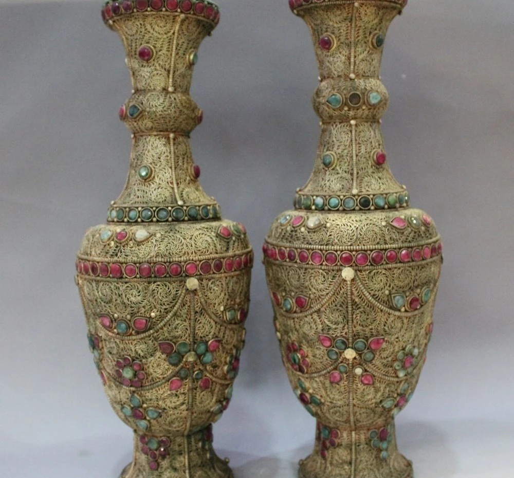 

15" Costful Marked Chinese Dynasty Palace Silver Gem Flower Vase Bottle Sculptur