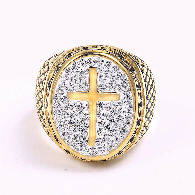 Men's Hip Hop Ring AAA+CZ Stone Bling Ice Out Gold Color Titanium Stainless Steel Cross Rings Hiphop Rapper Jewelry Size 8-14