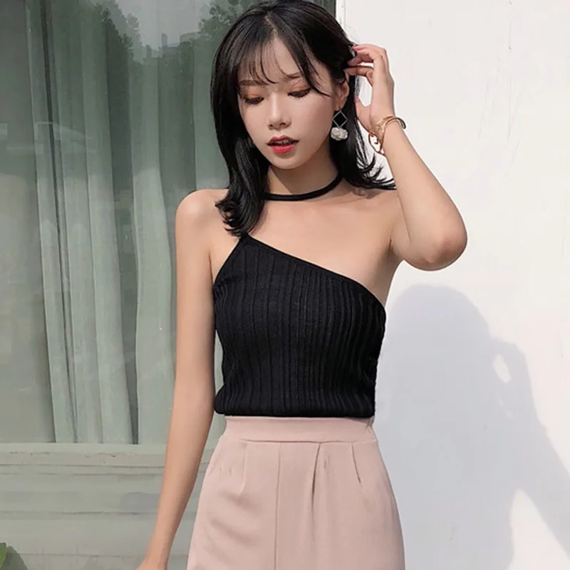 

Women Sexy Sleeveless Halter Pullover Tank Top Off-The-Shoulder Knitted Crop Tank Top Clothing