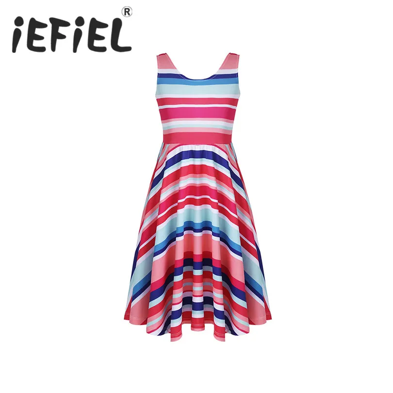 Iefiel для детей для девочек; детская одежда без рукавов в разноцветную полоску с неровным подолом Бальные платья для День рождения летняя Повседневное