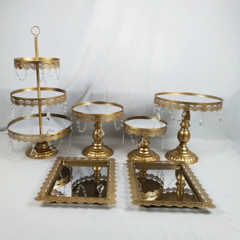 

6PCS/ Set Acrylic Mirror Wedding 3 Tier Cupcake Display Gold Or Silver Metal Cake Stand