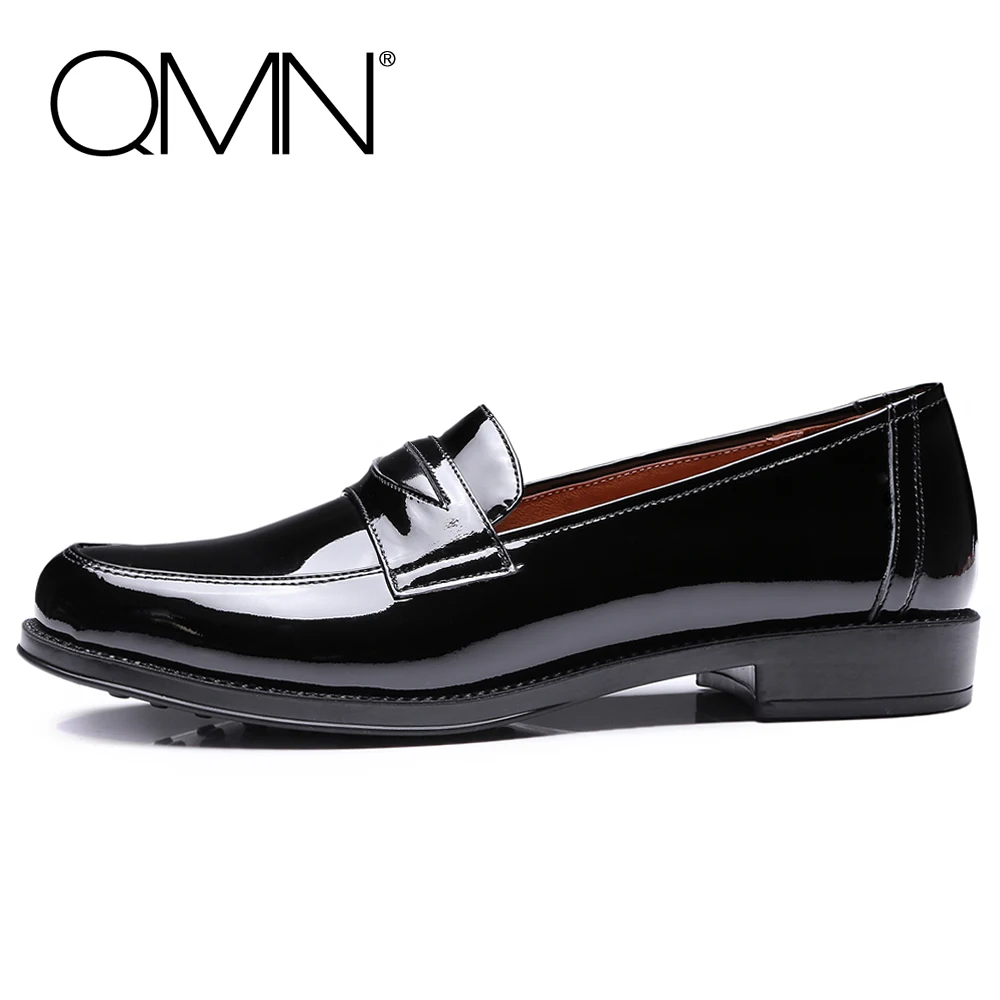 QMN women genuine leather flats Women Glossy Leather Penny Loafers Slip On Leisure Shoes Woman Leather Flats 34-39
