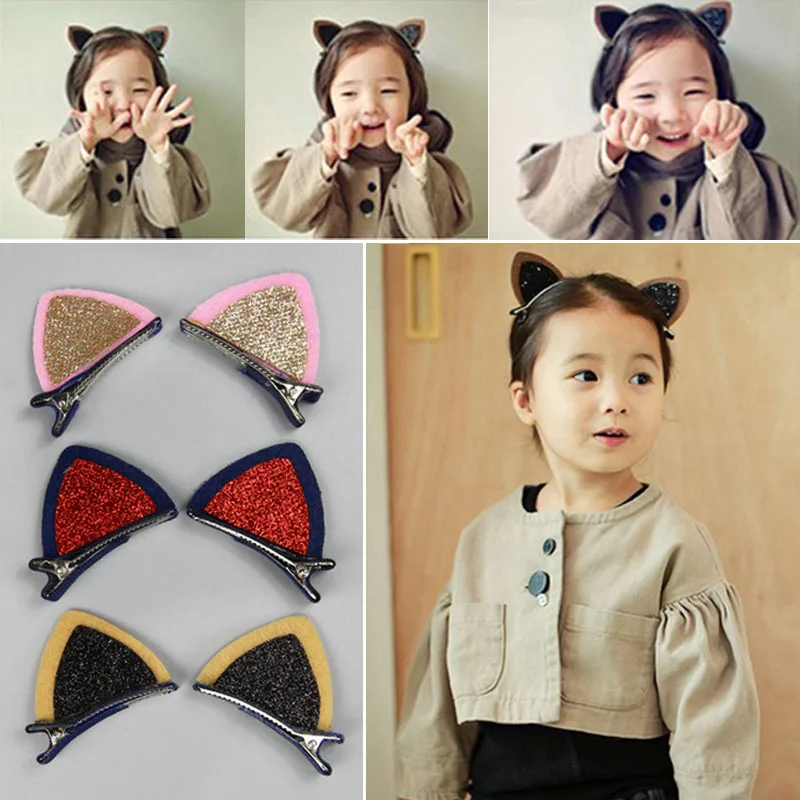 

M MISM 2Pcs Lovely Baby Girls Cat Ears Hair Jewelry Kids Sequins Cute Ear Hair Clips Children Hairpin Barrettes Hair Accessories