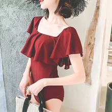 Купальный костюм, одежда для плавания, Женский цельный купальник, большой размер, купальный костюм, женский Ретро стиль, Falbala, купальный костюм, красный однотонный спандекс, Sierra Surfer