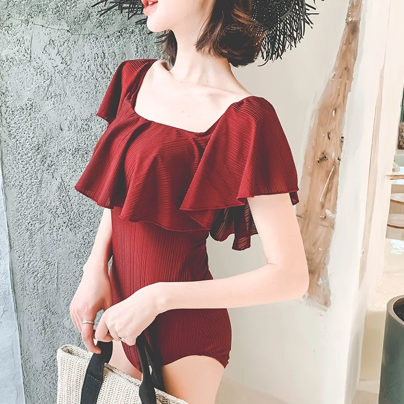 

Bath Suit Swimwear Women One Piece Woman Swimsuit Big Size Bathers Female Retro Falbala Swim Red Solid Spandex Sierra Surfer