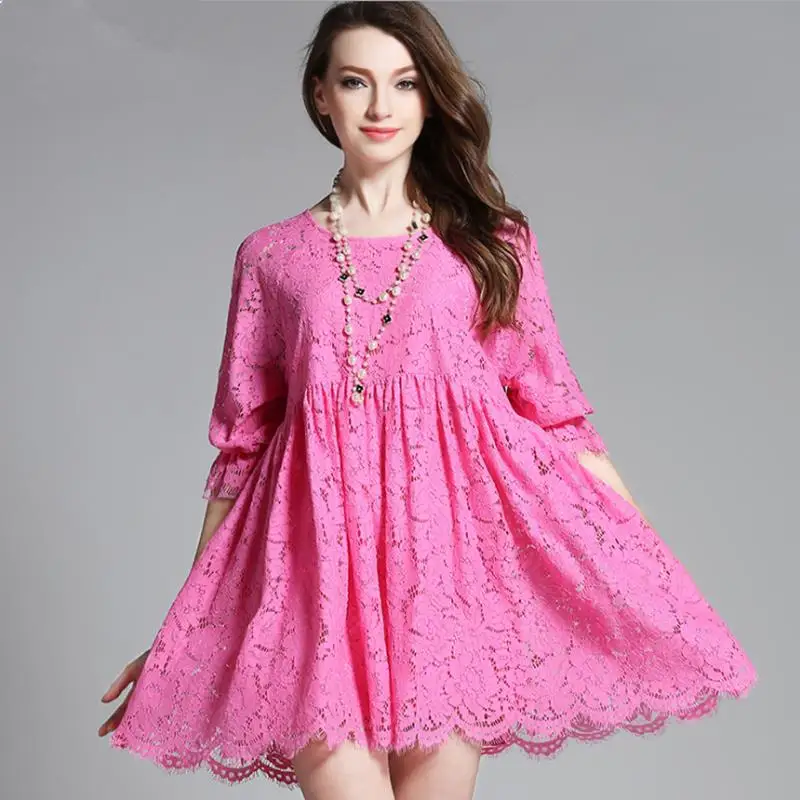 Buy Cheap 2017 Europe Summer Autumn Women half sleeve cute Loose ball gown hollow out Lace dress plus size xl xxl xxxl 4xl white rose pink