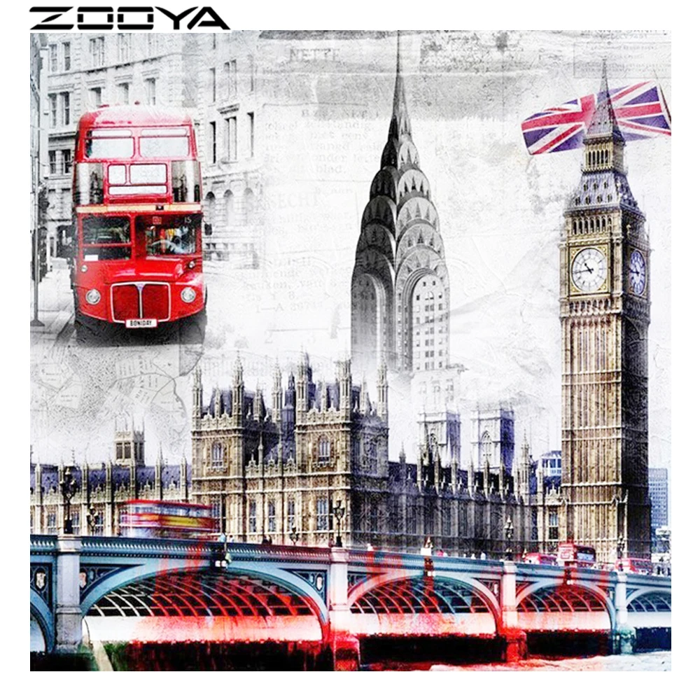 ZOOYA 5D Needlework Diamond Painting Full Drill The Embroidery Mosaic PatternWall Sticker City Landscape London Bus R375 | Дом и сад